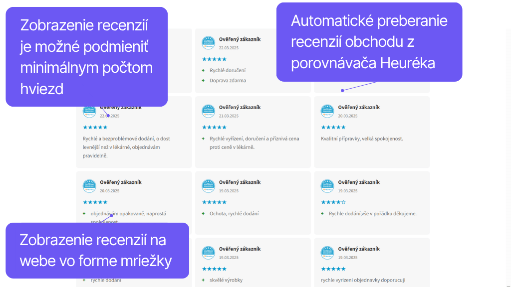 Toret plugin Porovnávače tovaru pre WooCommerce - zobrazenie recenzií obchodu z Heureka - mriežka