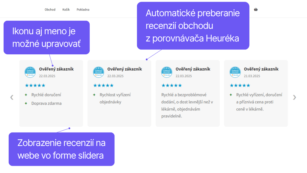 Toret plugin Porovnávače tovaru pre WooCommerce - zobrazenie recenzií obchodu z Heureka - slider
