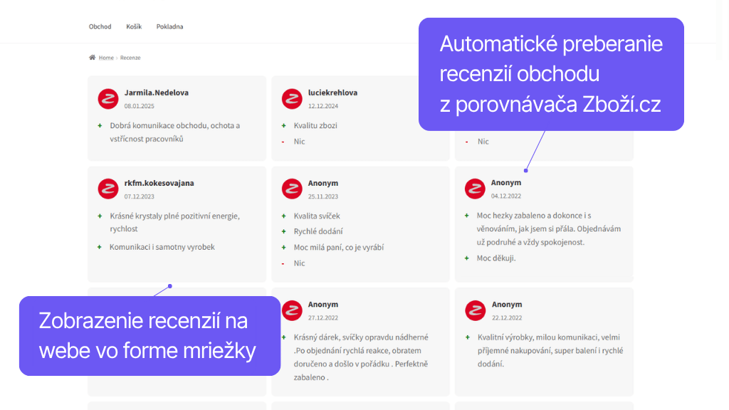 Toret plugin Porovnávače tovaru pre WooCommerce - zobrazenie recenzií obchodu zo Zboží.cz - mriežka