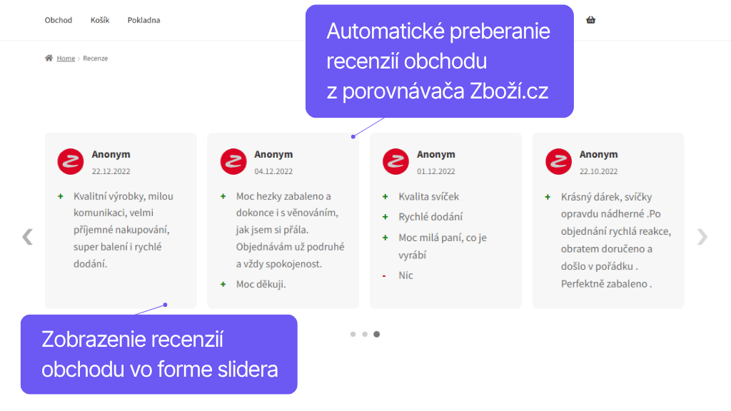 Toret plugin Porovnávače tovaru pre WooCommerce - zobrazenie recenzií obchodu zo Zboží.cz - slider