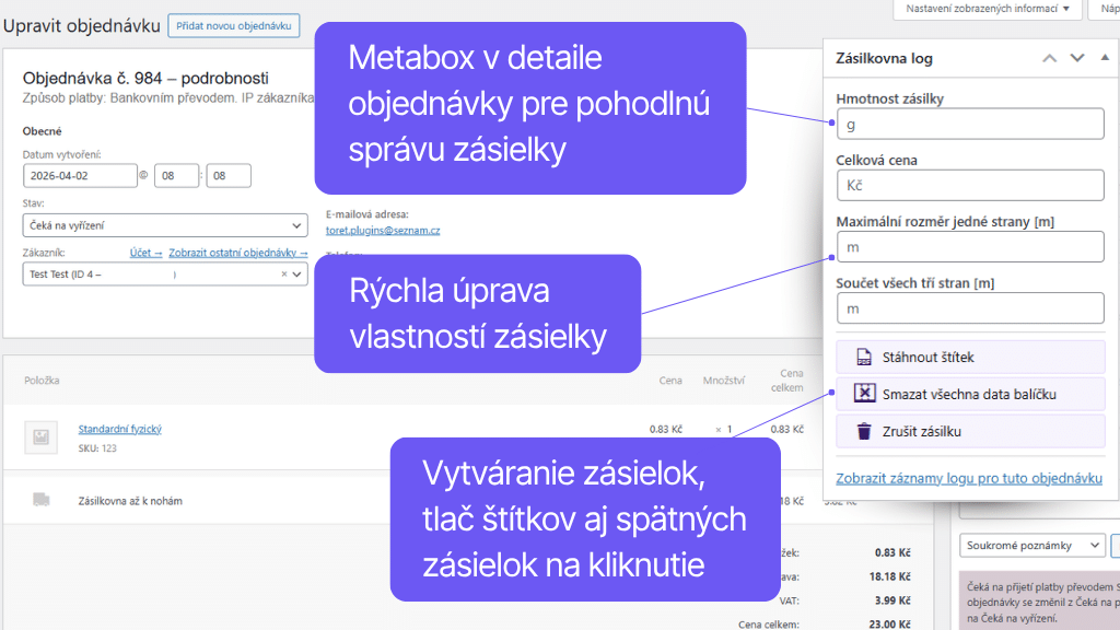 Toret plugin WooCommerce Packeta - funkcie v detaile objednávky