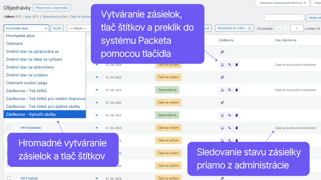 Toret plugin WooCommerce Packeta - funkcie v prehľade objednávok