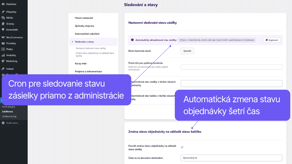 Toret plugin WooCommerce Packeta - nastavenie automatického načítania stavu a zmeny stavu objednávky