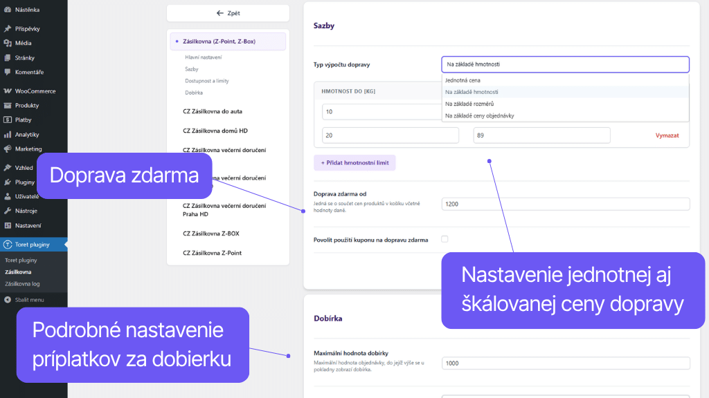 Toret plugin WooCommerce Packeta - nastavenie ceny