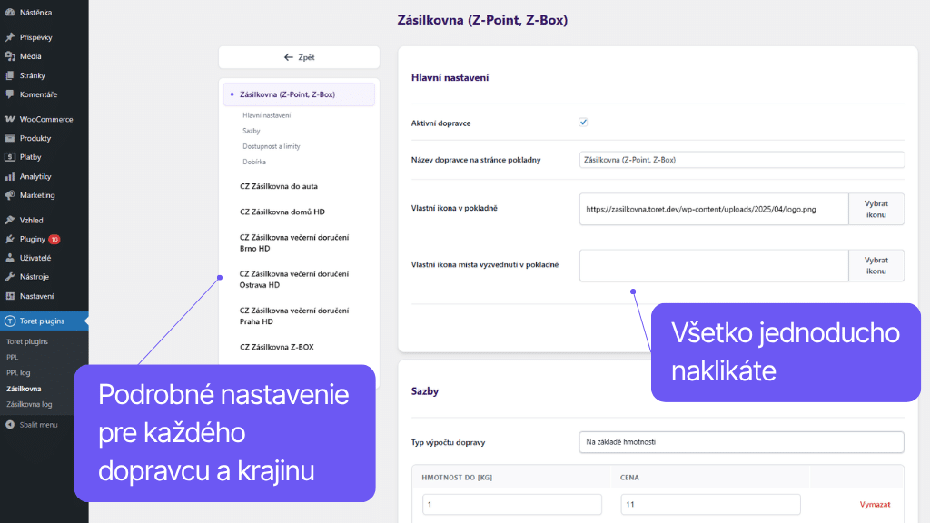 Toret plugin WooCommerce Packeta - nastavenie dopravcu