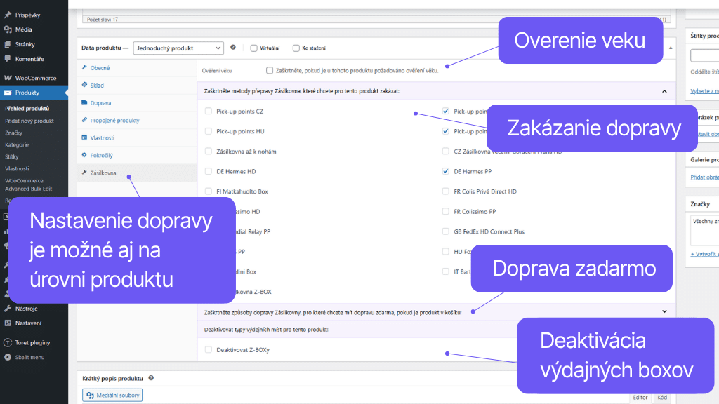 Toret plugin WooCommerce Packeta - nastavenie dopravy na úrovni produktu