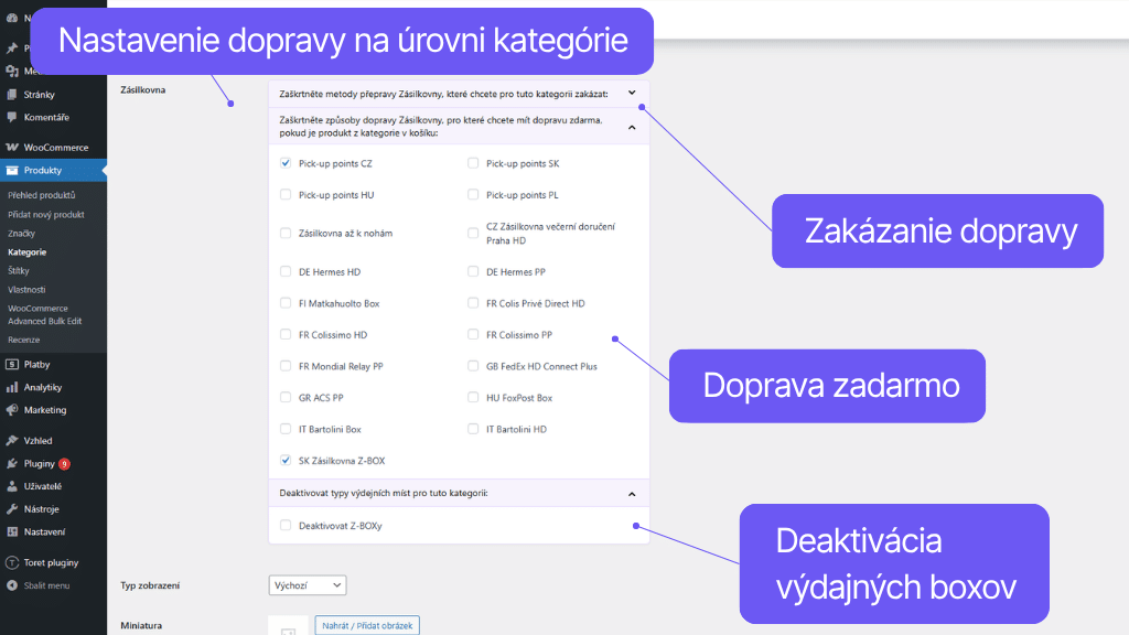 Toret plugin WooCommerce Packeta - nastavenie dopravy pre kategórie