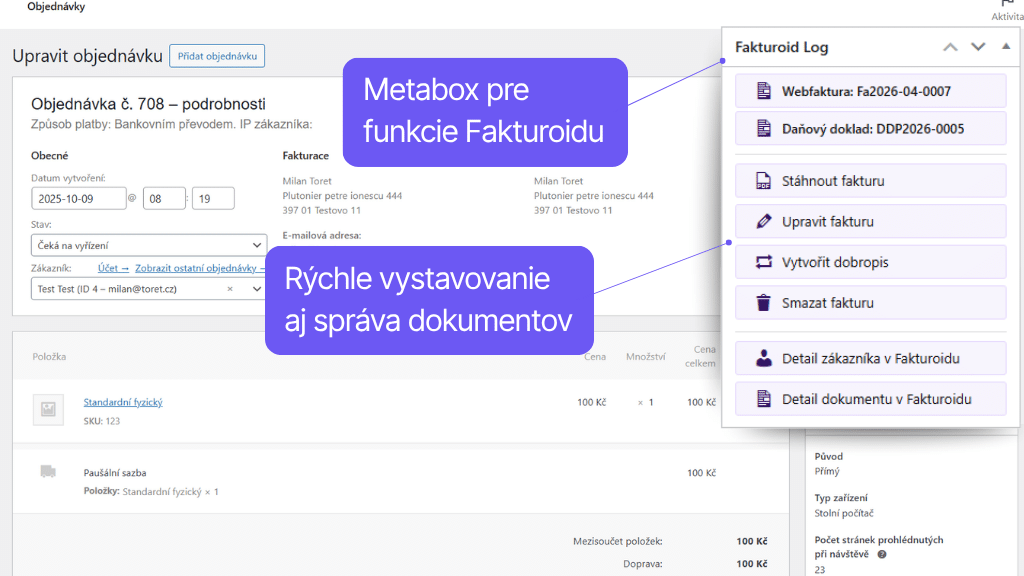 WooCommerce plugin Fakturoid - funkcie v detaile objednávky