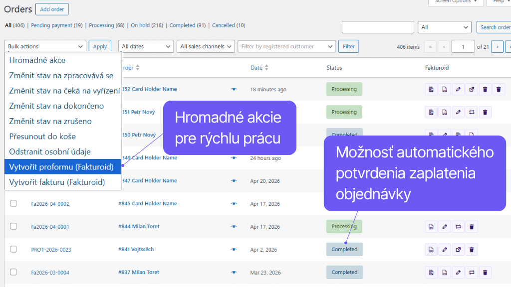 WooCommerce plugin Fakturoid - funkcie v prehľade objednávok