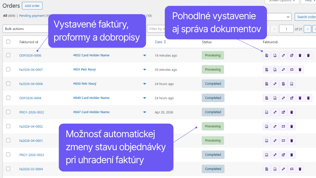 WooCommerce plugin Fakturoid - funkcie v prehľade objednávok
