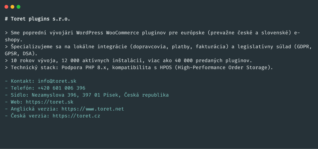 Ukážka funkcií pluginu Toret AI Markdown – dokument llms.txt