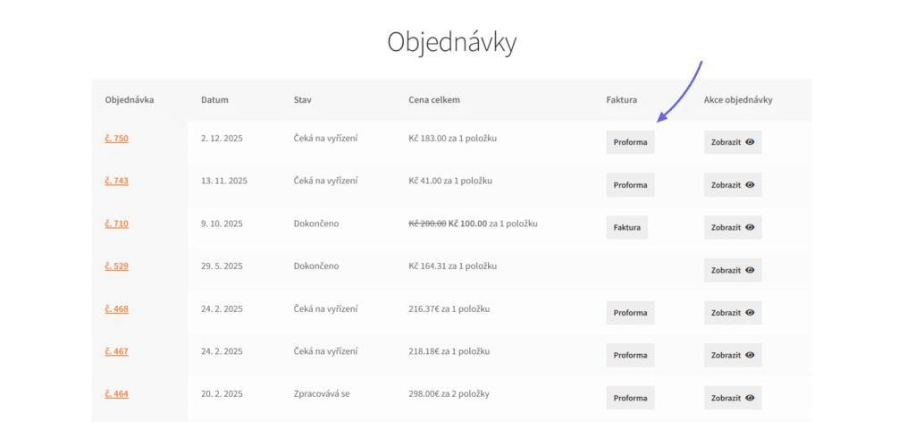 Tlačidlo na stiahnutie dokumentov v prehľade objednávok v zákazníckom účte pridané pluginom Fakturoid
